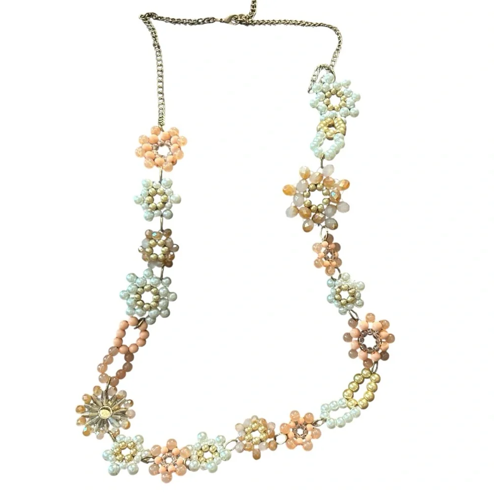Boho Beaded Floral Statement Necklace Cream Gold Orange‎ Tone Chain